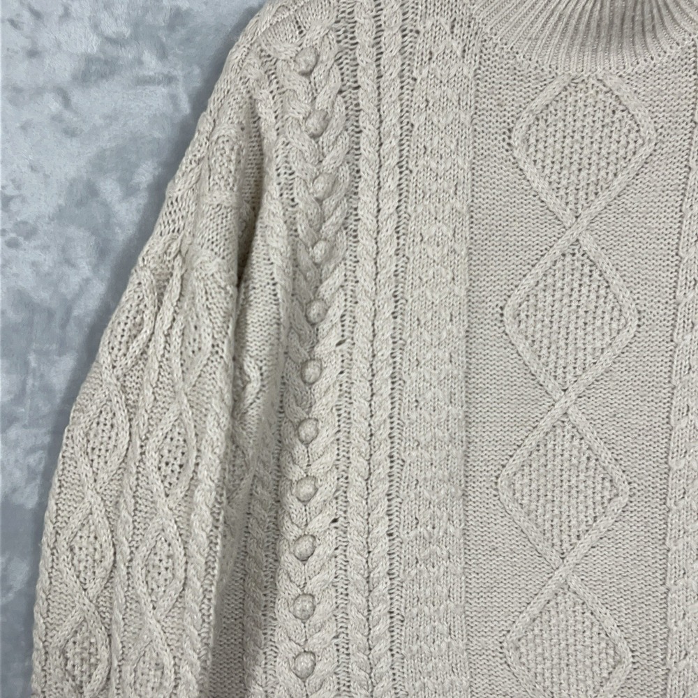 Garnet‎ Hill Cable Knit Wool Linen Sweater Beige Pullover Mock Neck Soft Large - Picture 2 of 10